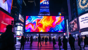 A photograph of capture a photograph of a vibrant led display in a bustling urban environment