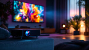 A photograph of a sleek rental projector set up in a dimly lit room
