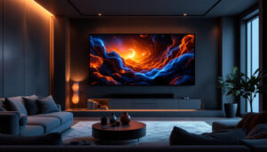 A photograph of a modern home theater setup featuring a large led display on the wall