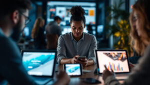 A photograph of capture a photograph of a diverse group of people engaging with various devices displaying the same website