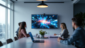 A photograph of a modern boardroom featuring a sleek led display prominently in use