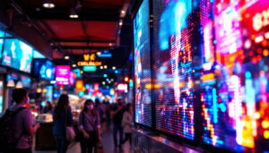 A photograph of a vibrant led display in a bustling market setting
