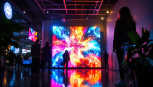 A photograph of a vibrant led display in a dynamic setting