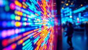 A photograph of a close-up shot of a vibrant led display in action