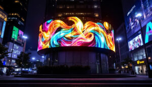 A photograph of a vibrant led display in an urban setting at night