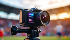 A photograph of capture a photograph of a vibrant 4k sports camera in action