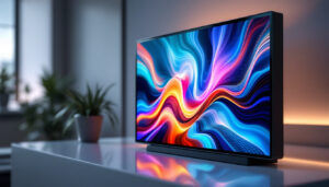 A photograph of a sleek slim display box showcasing a vibrant led screen