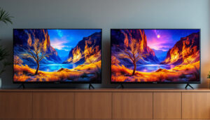 A photograph of a side-by-side comparison of an lcd and a plasma television displaying vibrant images
