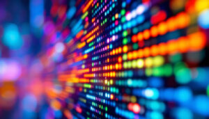 A photograph of a close-up shot of a vibrant led display