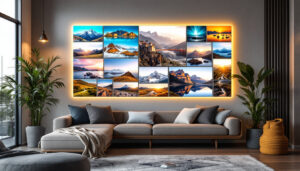 A photograph of a stylishly arranged wall featuring vibrant photo tiles illuminated by led lights