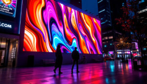 A photograph of a vibrant led display in an urban setting at night