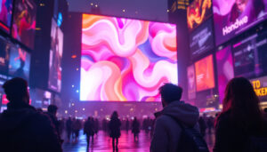 A photograph of a vibrant led display in a bustling urban environment