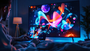 A photograph of a person seamlessly projecting their laptop screen onto a large led tv