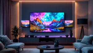 A photograph of a modern multi-tv wall setup in a stylish living room or entertainment space