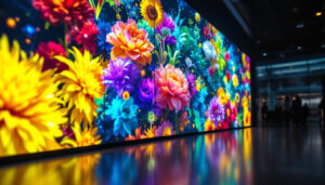 A photograph of a vibrant video wall featuring multiple led displays in a modern setting