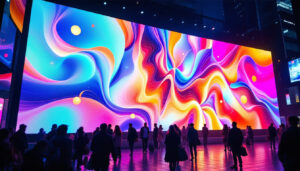 A photograph of a vibrant led display in an urban setting