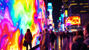 A photograph of a vibrant led display in a bustling urban setting