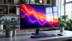 A photograph of a sleek flat panel led monitor displaying vibrant colors and sharp images