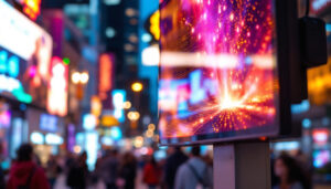A photograph of a vibrant led display panel showcasing dynamic visuals or information in a lively urban setting