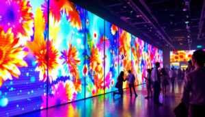 A photograph of capture a photograph of a vibrant led wall display in a dynamic setting