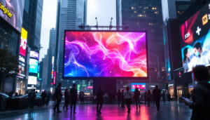 A photograph of a vibrant led display in a bustling urban environment