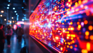 A photograph of a vibrant led display panel in a dynamic setting