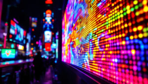 A photograph of a vibrant led display in a bustling urban environment