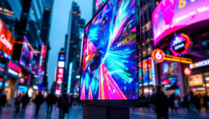 A photograph of a vibrant led digital display board in a bustling urban setting