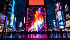 A photograph of a vibrant led display in a bustling urban environment