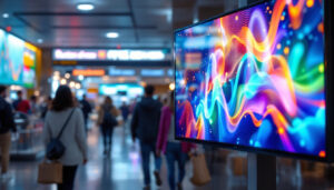 A photograph of a vibrant digital signage display in a busy public space