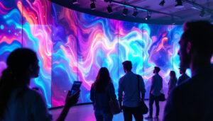 A photograph of a vibrant led wall display in a dynamic setting