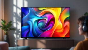 A photograph of a sleek led flat panel tv displaying vibrant colors and sharp images in a modern living room setting