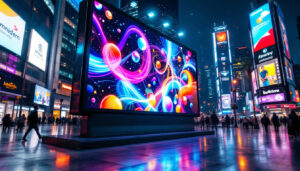 A photograph of a vibrant led display board in a dynamic urban setting
