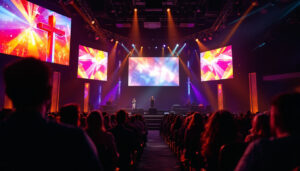 A photograph of a vibrant church facility showcasing a large