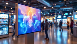 A photograph of a vibrant led stand display in a bustling retail environment