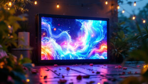 A photograph of a vibrant outdoor setting featuring a waterproof led display panel in action