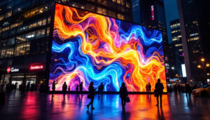 A photograph of a vibrant led display in an urban setting