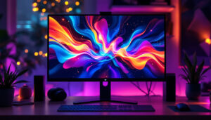 A photograph of a sleek led monitor displaying vibrant colors and dynamic graphics in a modern workspace