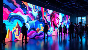 A photograph of a vibrant led video wall installation in an engaging environment