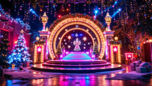 A photograph of a vibrant christmas stage design featuring a dazzling led display