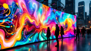 A photograph of a vibrant led display showcasing dynamic colors and patterns in an urban setting