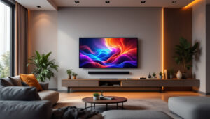 A photograph of a modern living room featuring vibrant led displays integrated into the decor