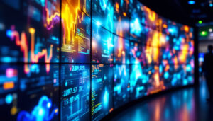 A photograph of a vibrant video wall featuring multiple led displays in an engaging environment