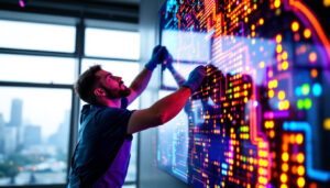 A photograph of a skilled technician installing a vibrant led screen in a modern setting