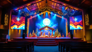 A photograph of capture a photograph of a beautifully decorated church stage featuring a vibrant led display