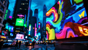 A photograph of a vibrant led display in a bustling urban environment