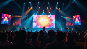 A photograph of a vibrant easter service at the church