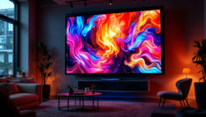A photograph of capture a photograph of a vibrant 2x2 video wall setup in a modern environment