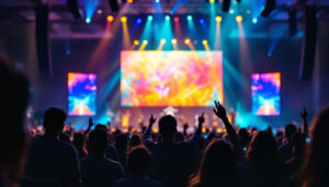 A photograph of a vibrant easter sunday service scene featuring a large led display showcasing colorful