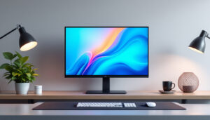 A photograph of a sleek led monitor displaying vibrant colors and sharp images